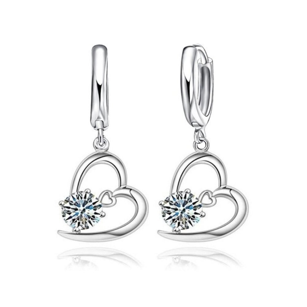 Sparkling 925 Sterling Silver Heart Pendant Necklace and Earrings Duo - Picture 2 of 3